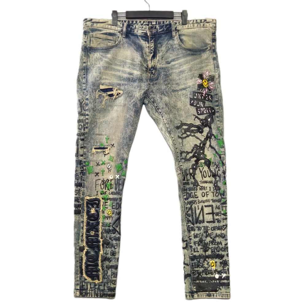 Smoke Rise Sheffield Graphic Denim Jeans Mens 38 Blue Distressed Streetwear Slim